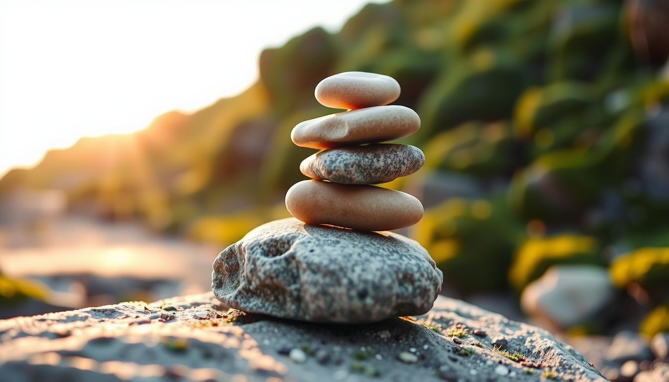 A cairn of balanced stones on a beach at golden hour